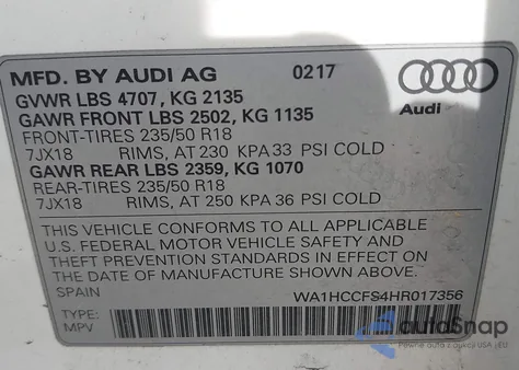 2017 Audi Q3 2.0T Premium z USA, uszkodzony, nr VIN WA1HCCFS4HR017356